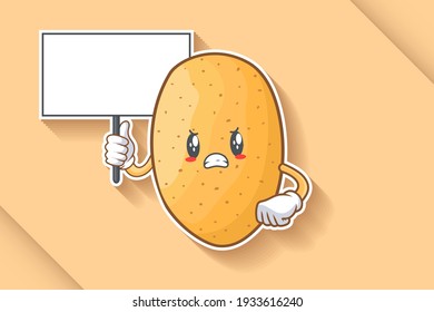 ANGRY, MAD, BAD MOOD Face Emotion. Holding Whiteboard Hand Gesture. Potato Vegetable Character Cartoon Drawing Mascot Illustration.