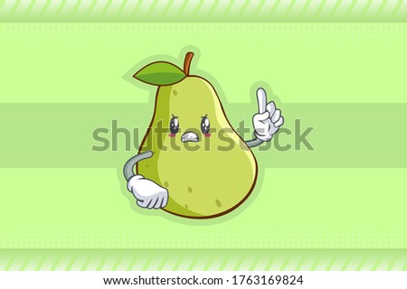 ANGRY, MAD, BAD MOOD Face Emotion. Forefinger Hand Gesture. Green Pear Fruit Cartoon Drawing Mascot Illustration.