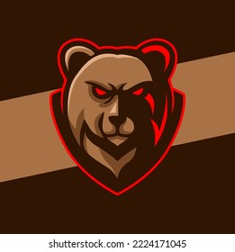 angry mad bear head logo mascot with shield label for powerful e-sport and sport design