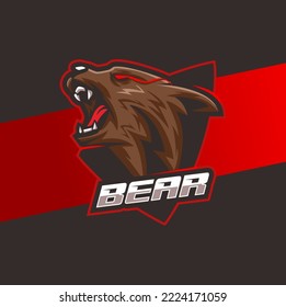 mascota con logotipo de cabeza de oso enojado con etiqueta de escudo para un potente diseño deportivo y de deportes electrónicos