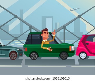 Angry mad businessman office worker character standing in traffic jam late to work job and showing obscene gesture. Vector flat cartoon illustration