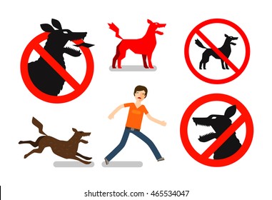 Angry, mad dog. Beware sign. Vector icons set