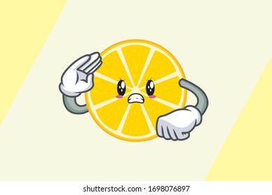 FURIOSO, CARA MAD. Respeto Gesto Mano. Ilustración de caricaturas mascotas. Fruta de limón de rebanada