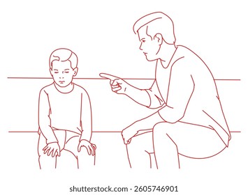 Angry mad father scolding lecturing sad preschool kid son