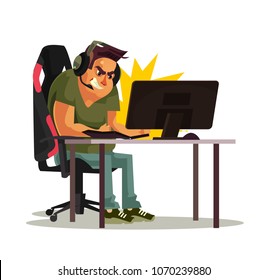 Angry mad gamer call center operator manager office worker character lose game and hit punch computer pc keyboard. Fail cyber internet virus ddos error concept. Vector flat cartoon graphic design