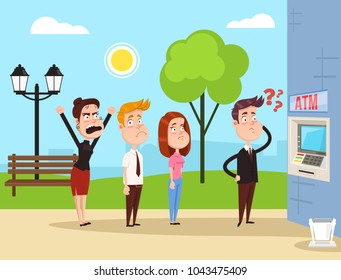 Angry mad people characters standing waiting in line ATM. Vector flat cartoon illustration concept