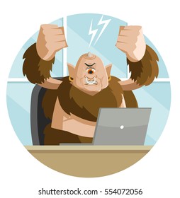 Angry Mad Troll Cyclops Caveman Using A Computer