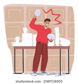 Angry mad young man cartoon character scolding, shouting and yelling breaking dishes at home kitchen training psychological method of coping with excess of aggression and rage vector illustration