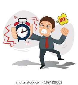 Angry male boss holds alarm clock, illustration vector cartoon