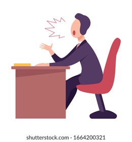 Angry Male Boss or Office Worker Character Sitting at the Desk and Yelling Flat Vector Illustration