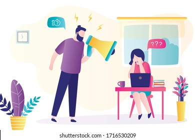 Angry male boss screams at female worker, woman cries. Toxic relationships between businesspeople, abuse concept. Problems in office. People characters in trendy style. Flat vector illustration 