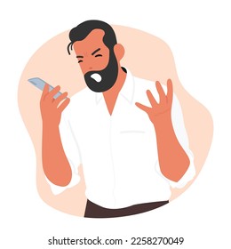 Angry Male Character with Furrowed Eyebrows And Scowl Face Shouting and Speaking With A Loud Sharp Tone by Mobile Phone. Anger, Sense Of Annoyance, Rage, Or Fury. Cartoon People Vector Illustration