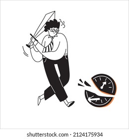 The Angry Male Character Is An Office Worker. A Man With Glasses Swings A Sword. Breaks The Clock. Killing Time. Vector Hand-drawn Illustration In The Style Of Doodles On An Isolated White Background.