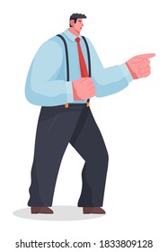 Angry male character in trousers, blue shirt stands with clenched fists. Annoyed man swears or screams. Anger, stress, chaos in office. Boss punishes subordinate. Office worker threatens with fists