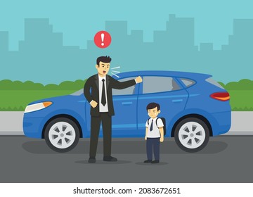 Angry Male Character Yelling At His Kid Beside Blue Suv Car On City Road.Bad Manners.Crying School Child.Flat Vector Illustration Template.