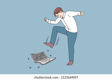 Angry Male Employee Or Worker Crash Laptop Feel Exhausted Overwhelmed With Job. Mad Furious Businessman Break Computer Suffer From Work Stress Or Breakdown. Vector Illustration.