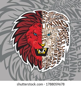 Angry Male Lion in Typography design.Drawing and sketch in vector illustration.