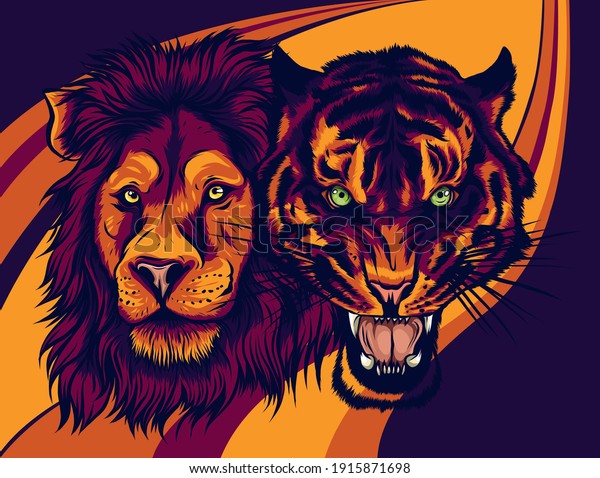 Angry Male Lion versus Angry Tiger vector illustration.