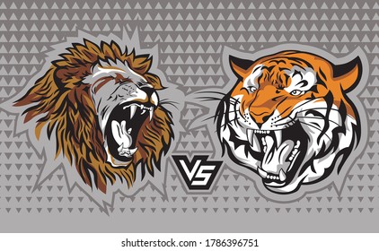 Angry Male Lion versus Angry Tiger.Drawing and sketch in vector illustration.