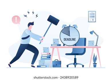 Angry male office worker smash his workplace and timer using hammer. Burnout at work. Sad businessman. Business stress, deadline. Dissatisfaction with work. Bad time management. Vector illustration