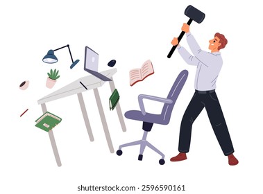 Angry male office worker smashes desk with hammer. Broken workplace. Furious man destroying computer desk. Nervous guy hitting sledgehammer. Annoyed employee frustration