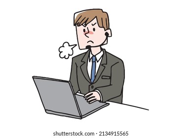 An angry male operator, a comical handwritten person vector, simple coloring of line drawings