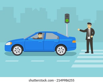 Angry male pedestrian yelling at car driver on crosswalk. Red light signal running car. Flat vector illustration template.