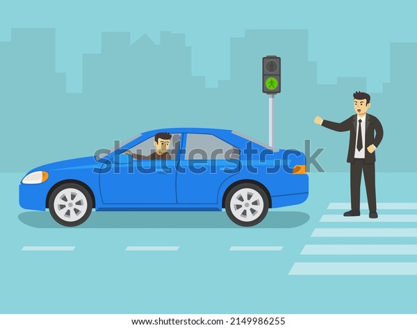 Angry male pedestrian yelling at car driver on\
crosswalk. Red light signal running car. Flat vector illustration\
template.