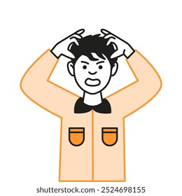 Angry male student touches dark hair color vector line icon. Irritated boy expresses negative emotions character doodle illustration on white