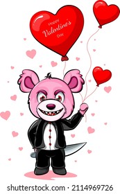 Angry and maliciously smiling teddy bear
  holds a knife in one hand behind his back, in the other hand balloons - hearts with the inscription Happy Valentine's Day. Happy Valentine's Day postcard