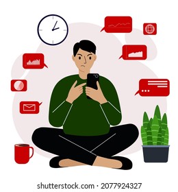 Angry man analyzing data on her mobile and sitting cross-legged. Business graphs and charts. Vector