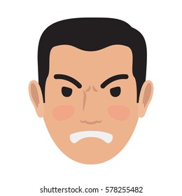 Angry man avatar user pic isolated on white. Vector illustration of front view of upset person. Male head with spiteful facial expression. Adult profile icon with wicked face, character in bad mood