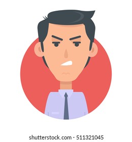 Angry man avatar web button. Wicked male emotion avatar. Unkind emotion face, feelings, emotional intelligence expression. Evil businessman character in flat style. Angry person. Vector illustration