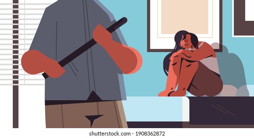 angry man with baton punching and hitting woman with bruises on face stop domestic violence and aggression against women portrait horizontal vector illustration