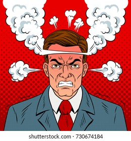 Angry Man With Boiling Head Pop Art Retro Vector Illustration. Comic Book Style Imitation.