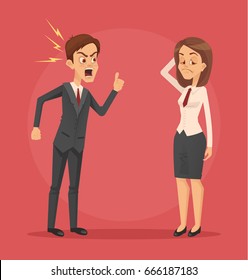 Angry Man Boss Character Yelling At Employee Woman Office Worker. Vector Flat Cartoon Illustration