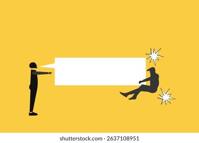 Angry man boss show power shout at scared subordinate. Psychological pressure. Vector illustration