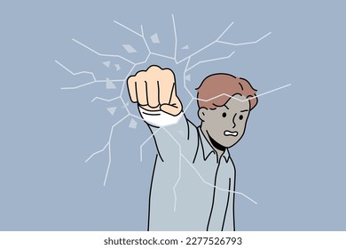 Angry man break glass with fist. Furious male employee punch with hand crash glass. Problem and emotion control. Vector illustration. 