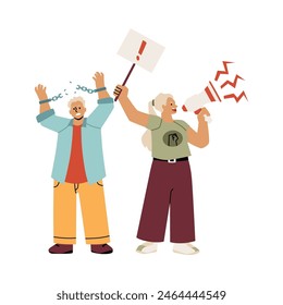 Angry man breaks the chain, woman with loudspeaker agitation speaker protesting vector flat illustration. Human rights fight demonstration, liberation activist protest concept