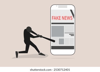 Angry man breaks mobile phone with baseball stick. concept of Disbelief in fake news, Hoax, propaganda in social media