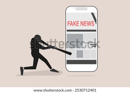 Angry man breaks mobile phone with baseball stick. concept of Disbelief in fake news, Hoax, propaganda in social media
