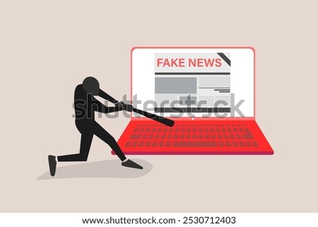 Angry man breaks TV with baseball stick. concept of Disbelief in fake news, Hoax, propaganda in social media