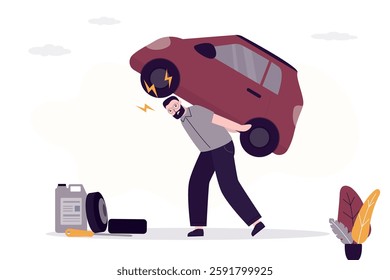 Angry man carry yellow car on his back. Monthly auto loan installments too heavy. Expensive car maintenance and repair. Driver drags car on himself. Debt concept. flat vector illustration