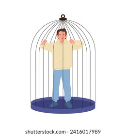 Angry man cartoon character inside bird cage holding bars and screaming yelling feeling furious