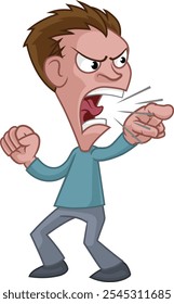 An angry man cartoon character. Shouting, yelling or screaming and pointing with his finger.