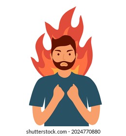 Angry man character with flame in flat design on white background.