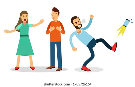 Angry Man Character Kicking Smartphone and Young Couple Quarreling Vector Illustration Set