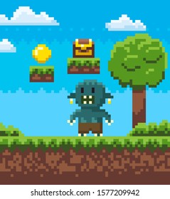 Angry man character of pixel game vector, scary monster with rage pixelated personage with treasure above, casket with coins and wealth, nature mosaics
