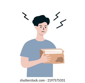 Angry man character receives damaged parcel. Customer hand holding broken package brought from online shop. Delivery service, couriers, transportation concept. Flat cartoon vector illustration.