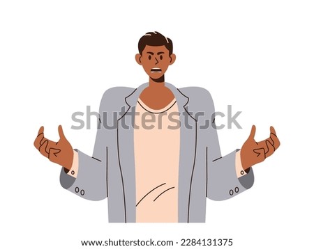 Angry man character screaming and shouting raising hands frowning face feeling negative emotions